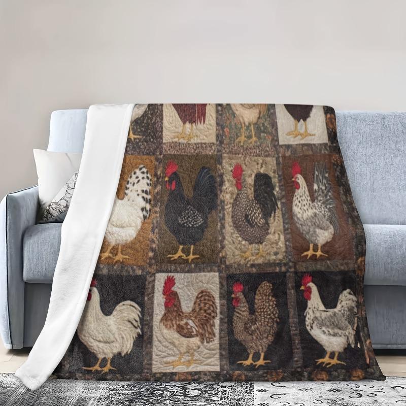 1pc Cozy Vintage Rooster Hen Print Flannel Throw Blanket Soft Warm Sofa Bed Camping Office Travel Cozy Home Throw Blankets Bed
