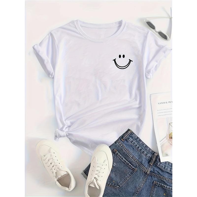 Smile Face Print Casual T-Shirt, Round Neck Short Sleeve Elastic Comfortable Sport T-Shirt, Women'S Blouse