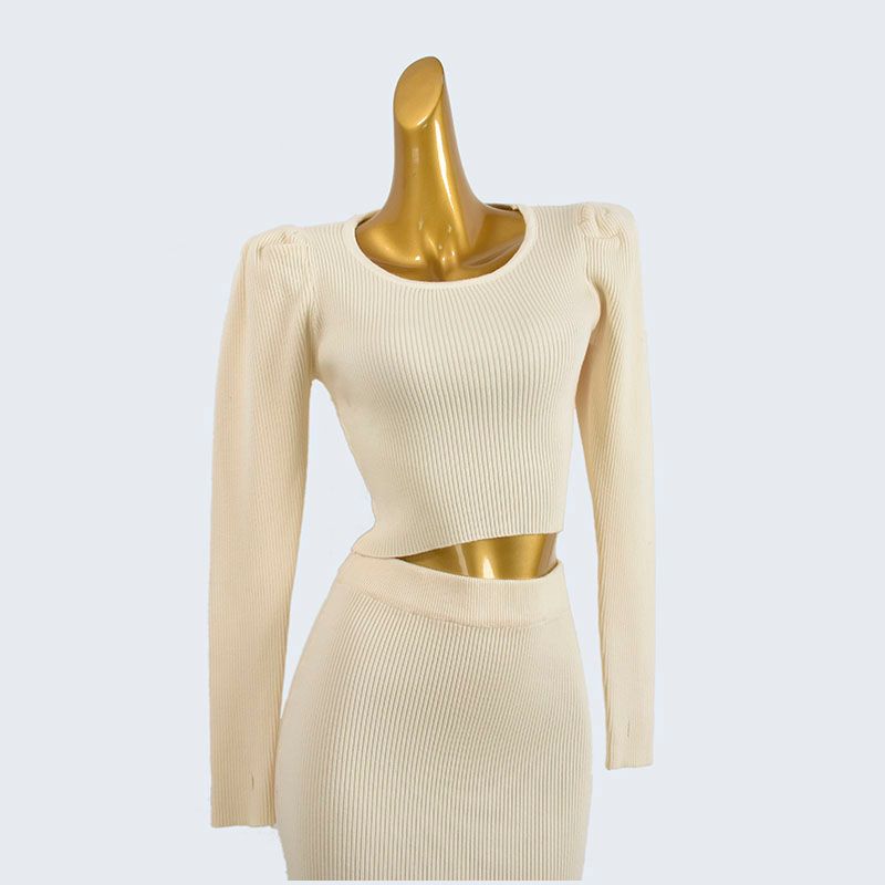 Thick Round Neck Bubble Long Sleeve Short Bottoming Shirt Elastic Waist Mid Length Long Length Solid Color Rib Fabric Back Slit Two-piece Set Pack