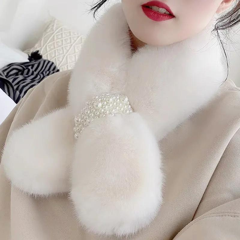 New Women's Winter Scarf Faux Fur Plush Pearl Scarf Faux Fur Thickening Warm Cross Stereo Scarfs New Scarfs Apparel Accessories