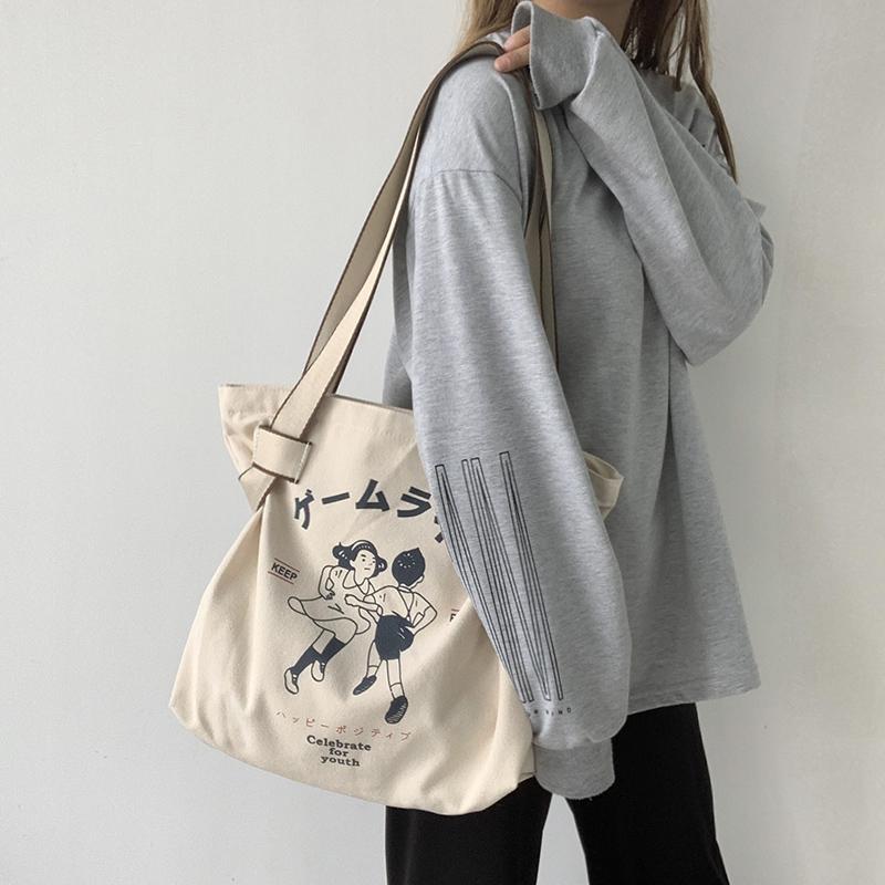 Canvas Shoulder Bag Women Japanese Style Cartoon Anime Print Tote Bags for Female Fashion Commute Handbags