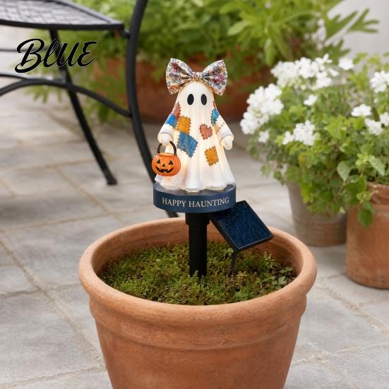 Solar Self-charging Lamp Ghost Garden Stake Light Halloween Pumpkin Lantern with Bow Lawn Decor Waterproof Resin Outdoor Yard for Pathway Decoration