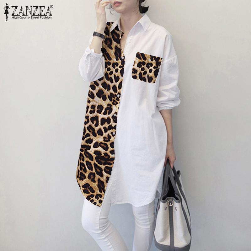 

ZANZEA Женщины Отворачиваться Воротник Леопард Принт Сращенная Боковая Вилка Блузка