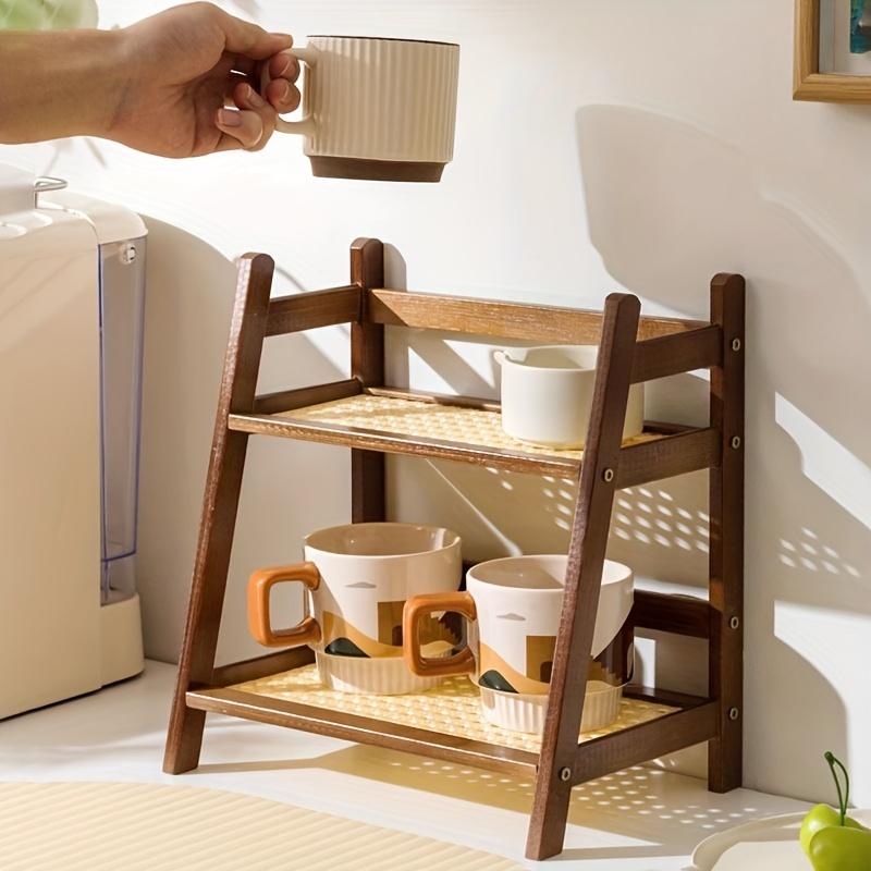 Organizzatore di Tazze a Doppio Strato, Scaffale Portaoggetti Stile Rattan, Portaoggetti da Tavolo per Cucina, Vassoio Multifunzionale per Organizzazione Casa Ufficio Campeggio