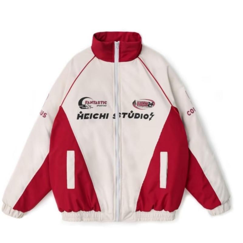 Unisex Retro Color Block Stand Collar Motorcycle Jacket - Trendy and Loose for Spring/Autumn