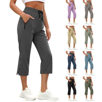 Women Elastic High Waist 3/4 Pant Casual Fit Wide Capris Leg Pants Trousers With Pockets