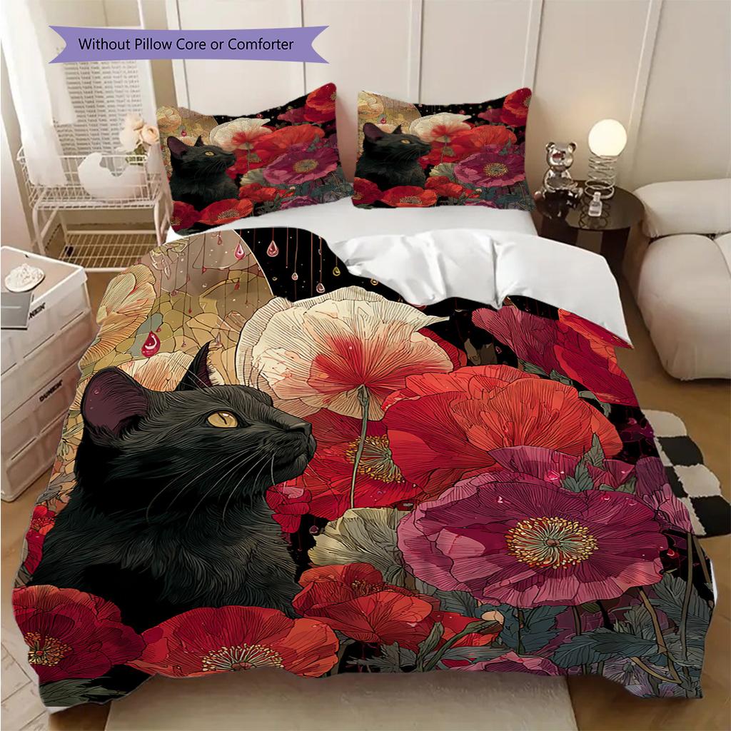 Set cu cuvertură și fețe de pernă cu model pisică neagră Decorare casă Cadou de ziua de naștere (1 * husă de pilotă + 2 * fețe de pernă, fără miez)