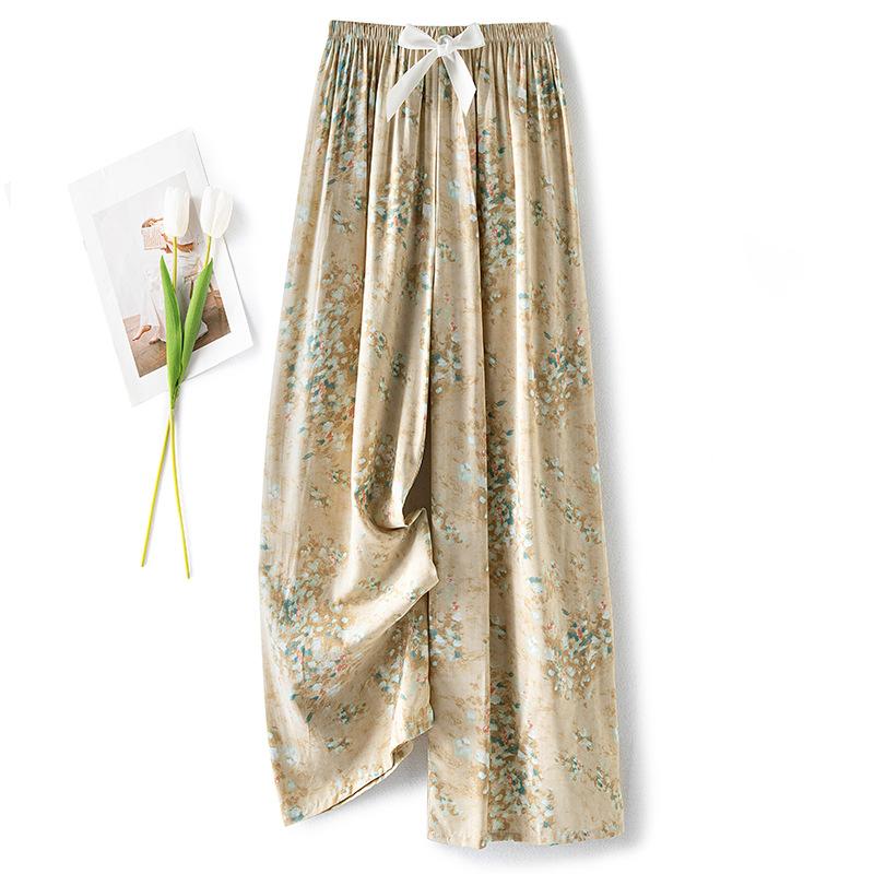 

Пижамные брюки из хлопкового шелка, женские летние тонкие антимоскитные широкие брюки, однотонные, для отдыха на открытом воздухе, для дома, с принтом, пляжные брюки Nine-minute One Size