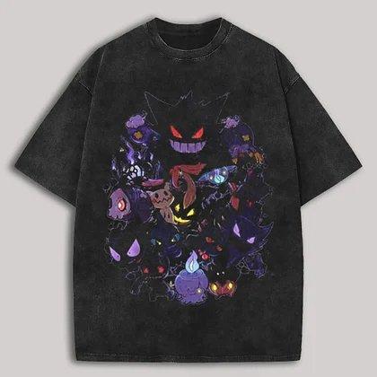 Pokemon Gengar Short Sleeve Tee Anime Washed Vintage Graphic TShirt Man Women Cosplay Casual Tops Summer Yk Streetwear