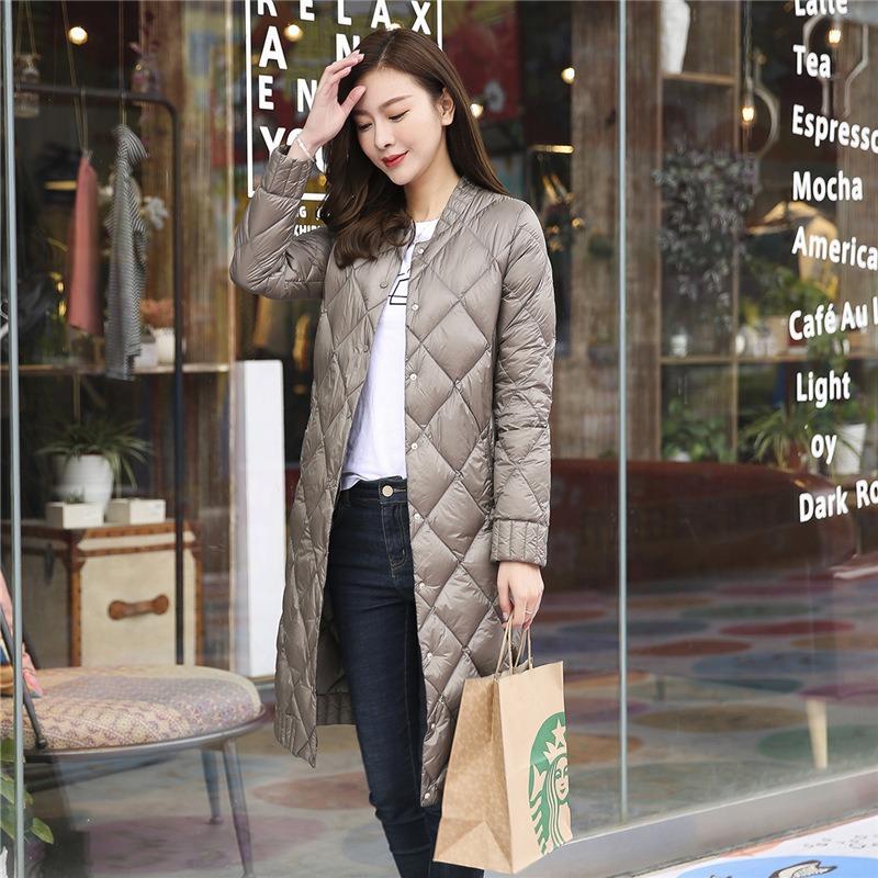 Women's 90-down light and thin down round neck rhombus medium and long women's clothing light and thin down jacket