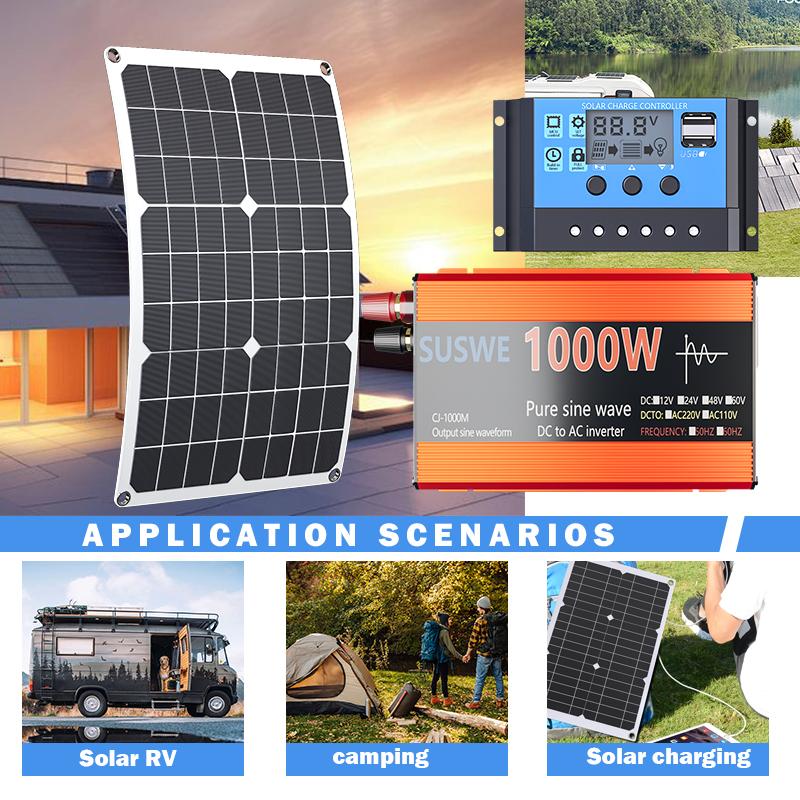 Solar System Kit 1000W 12V to AC 220V/110V Inverter+600W Solar Panel+100A Controller Suitable for Charging RVs Cars Laptops 4