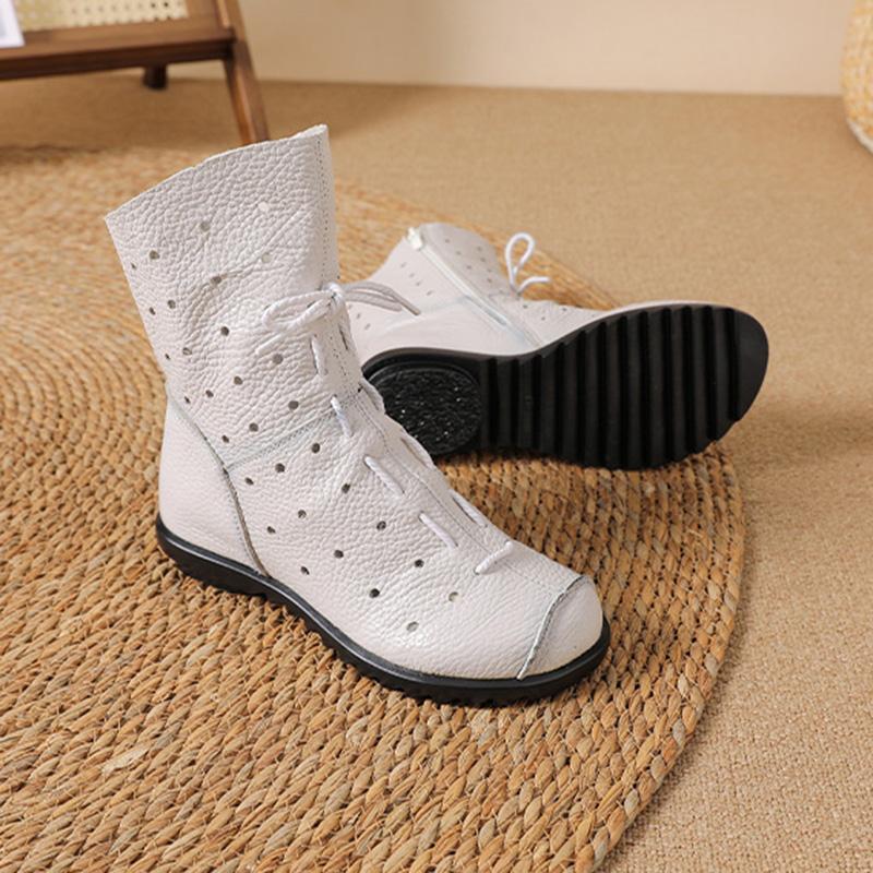 Retro Breathable Genuine Leather Women Boots Handmade Soft and Comfortable Hollow Out Ankle Boots Ladies Platform Shoes