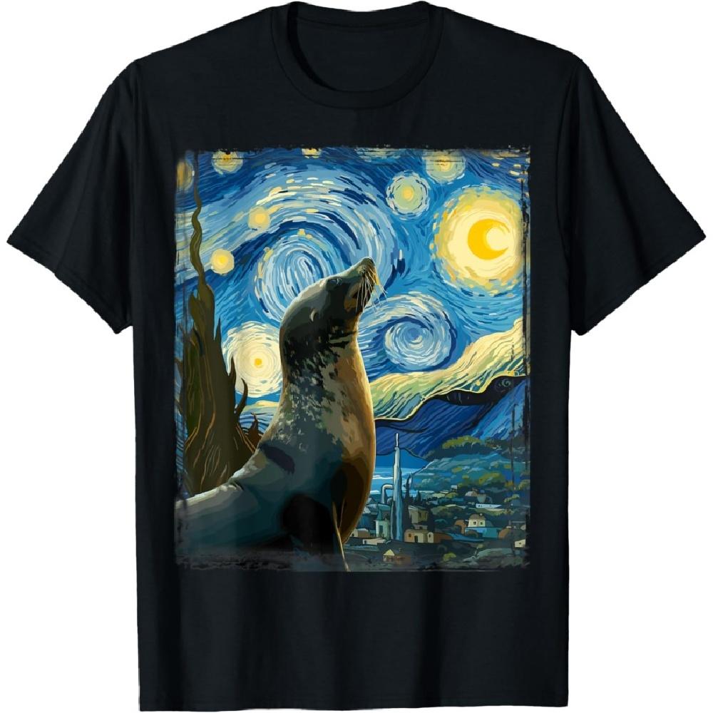 

Artistic Seal Shirt Van Gogh Style Starry Night Seal T-Shirt S