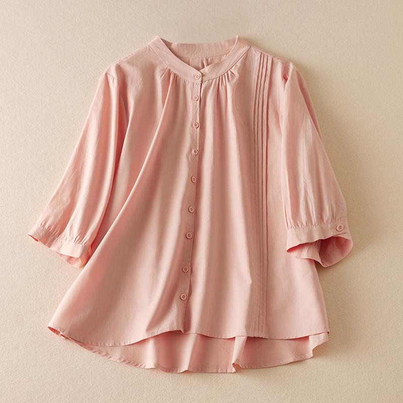 Women's Vintage Pleated Button Down Shirt Cotton Linen Stand Collar Casual Summer Blouse