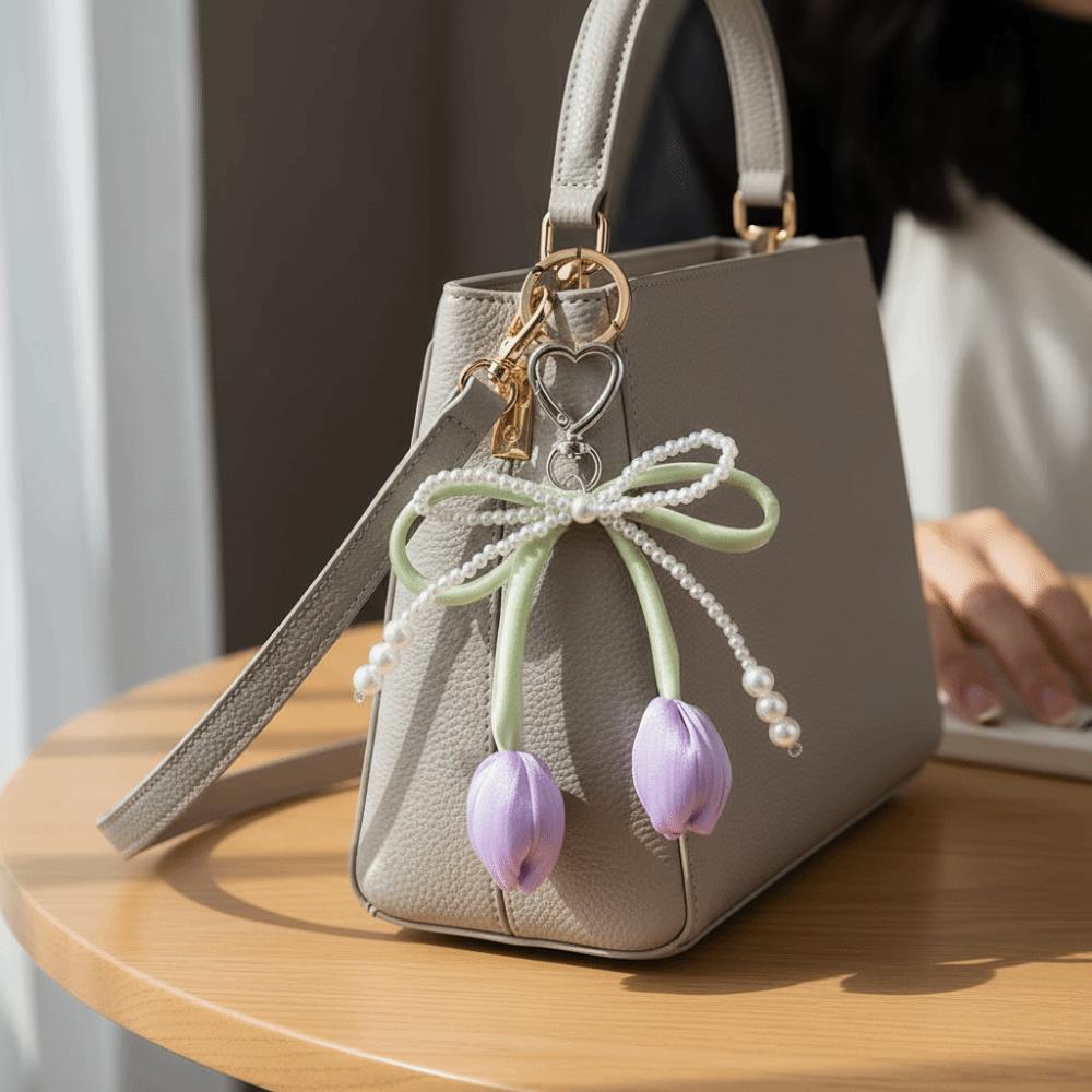 Handmade Tulip Pendant Cartoon Heart Bag Charm Trendy Pearl Tulip Keychain  Car Accessory