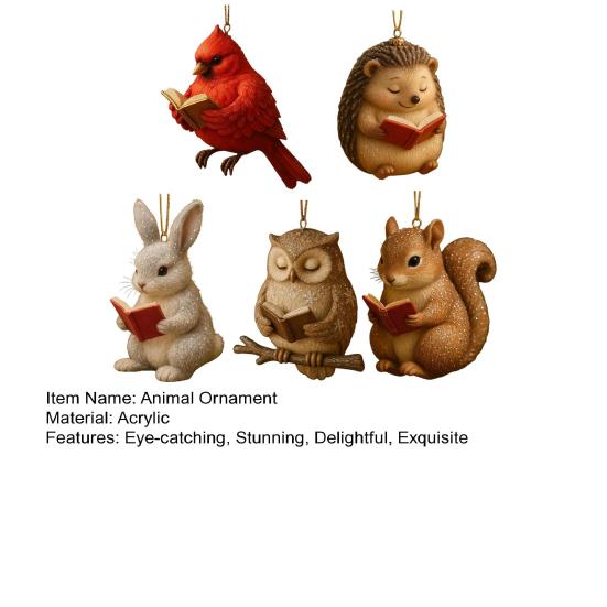 Book Lover Animal Ornament 2D Acrylic Bird/Hedgedog/Rabbit/Owl/Squirrel Reading Ornament Woodland Reader Hanging Pendant Gift