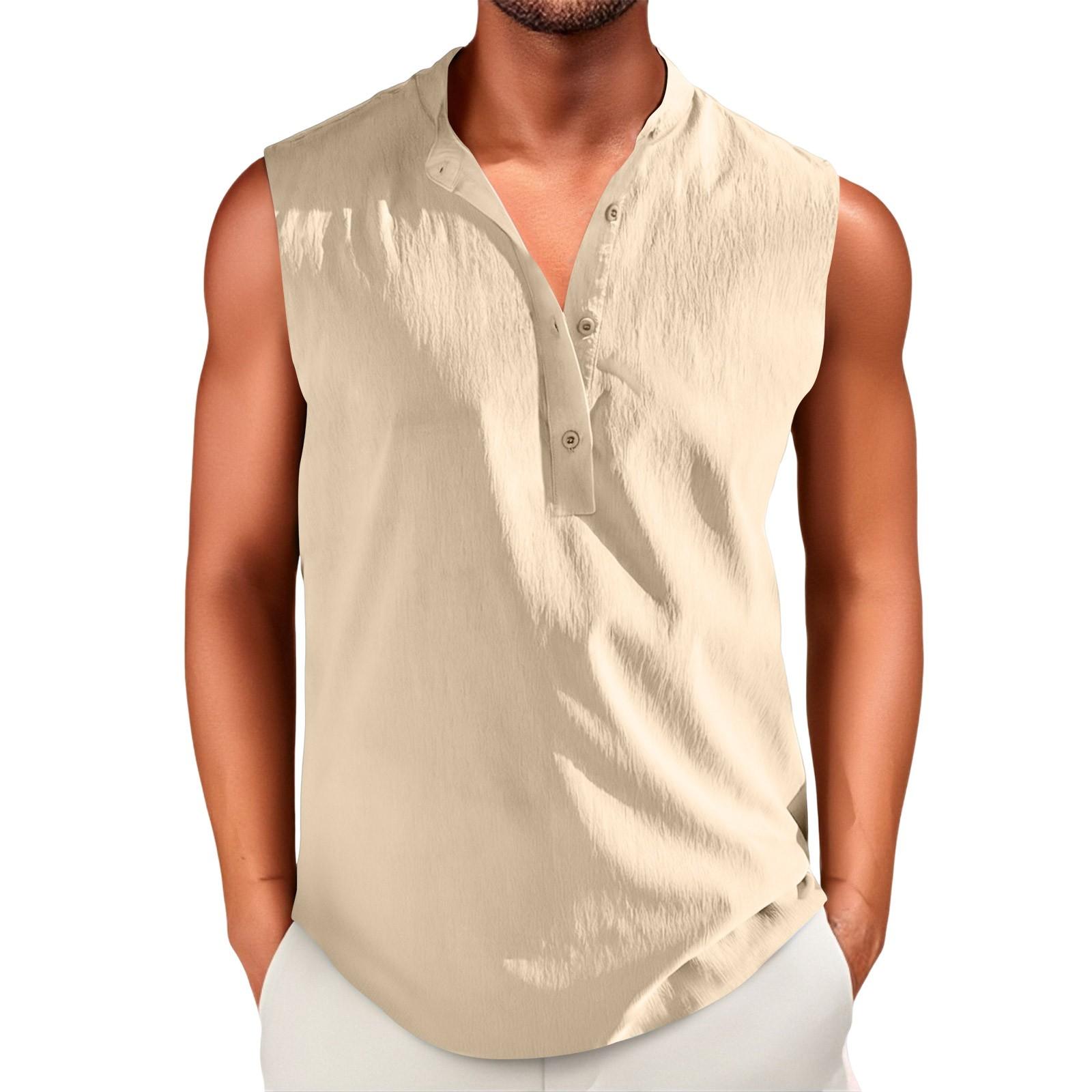 Мужской Винтажный Хлопок и Лен Цвет Повседневный Без Рукавов L