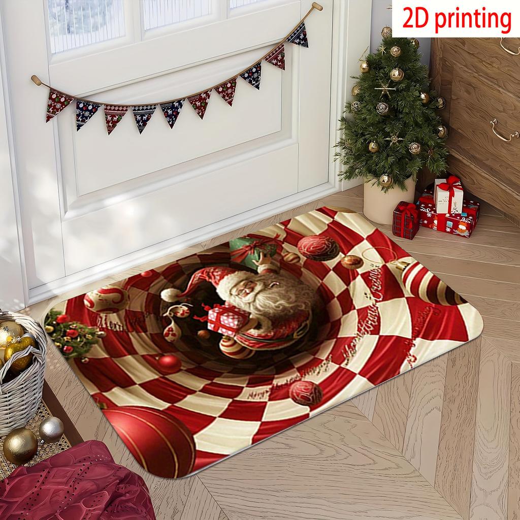 2D Flat Christmas Rug with Santa Print, Festive Decor Mat for Entryway, Bedroom and Bathroom ****