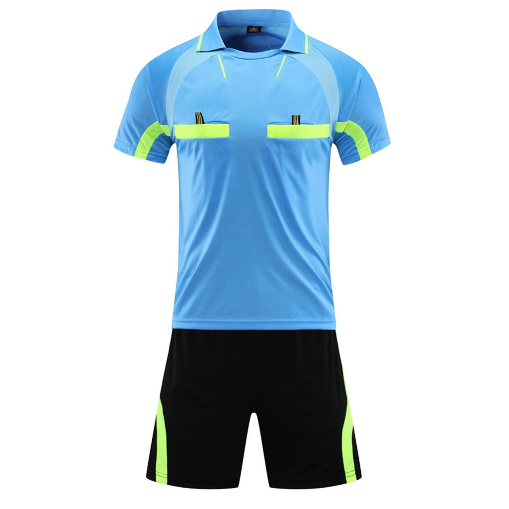 Herren Schiedsrichter Trainingsanzug Kontrastfarbe Umlegekragen Kurzarm Tasche T-Shirt Elastischer Bund Shorts Fußball Uniform