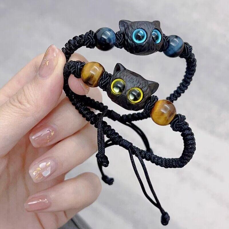 2pcs Cute Cat Beaded Couple Bracelet Hand Woven Adjustable Bangles Friendship Jewelry for Men Women Anniversary Gift Accessories