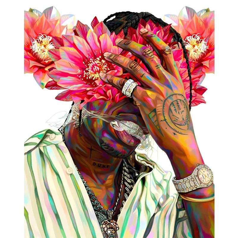 Famous Rapper Star Portrait with Flowers Canvas Painting Hip Hop Singers Abstract Art Posters Prints Wall Art Picture Home Decor
