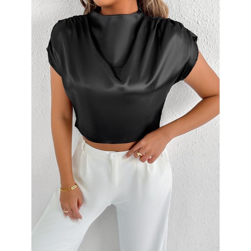

Summer Satin Shirt with Fashionable and High-end Short Sleeves Women’s Blouses & Shirts XS чорний