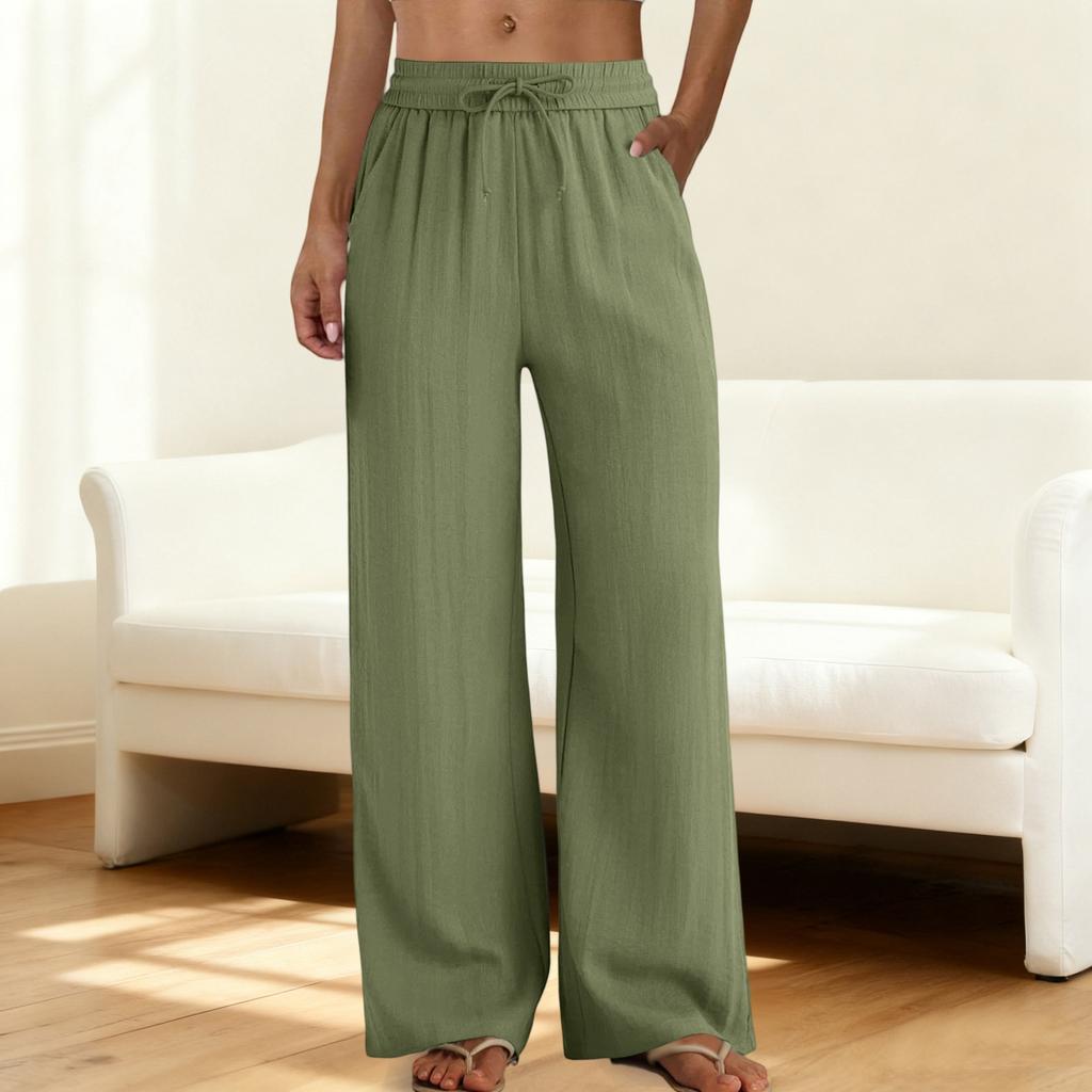 Wide Leg Pants for Women Flowy  Drawstring Elastic Waist Trousers with Pockets Summer Beach Vacation Clothes