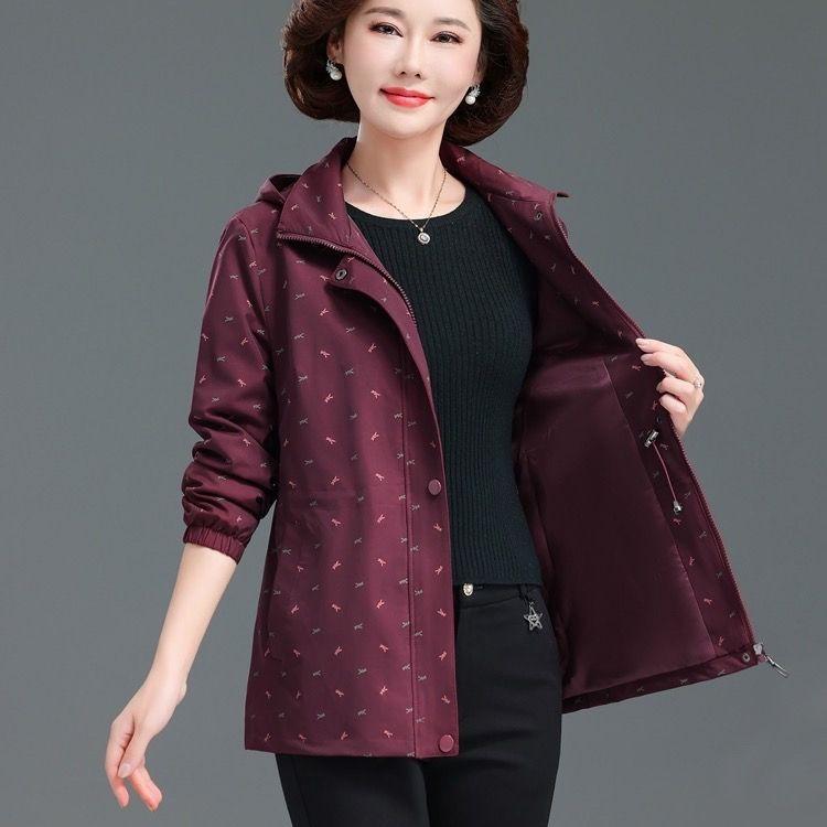 Fashion Loose Detachable Hat Mother Women's Windbreaker Printed Jacket Plus Size Jacket Top