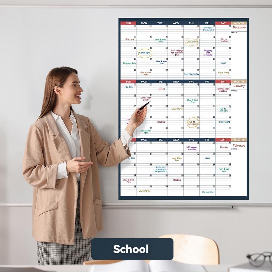 Dry Erase Calendar for Wall - Undated 3 Month Wall Calendar, 28" x 40"(Vertical), Large Wall Calendar Dry Erase for Office, Home, School