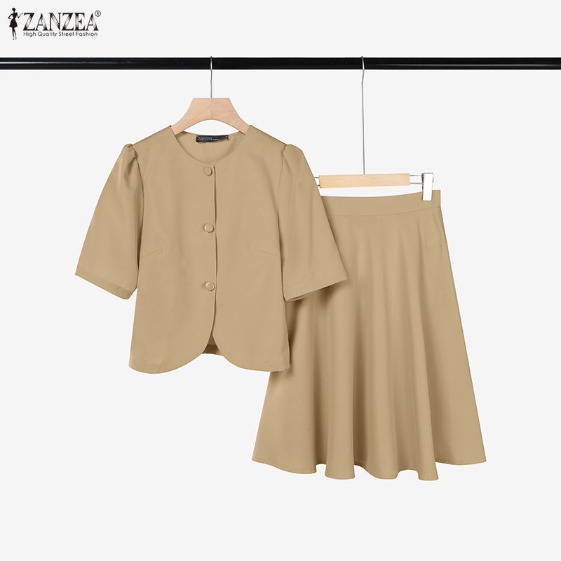 ZANZEA Women Short Sleeve Blouse and Skirts Summer Casual Two Piece Suit Sets
