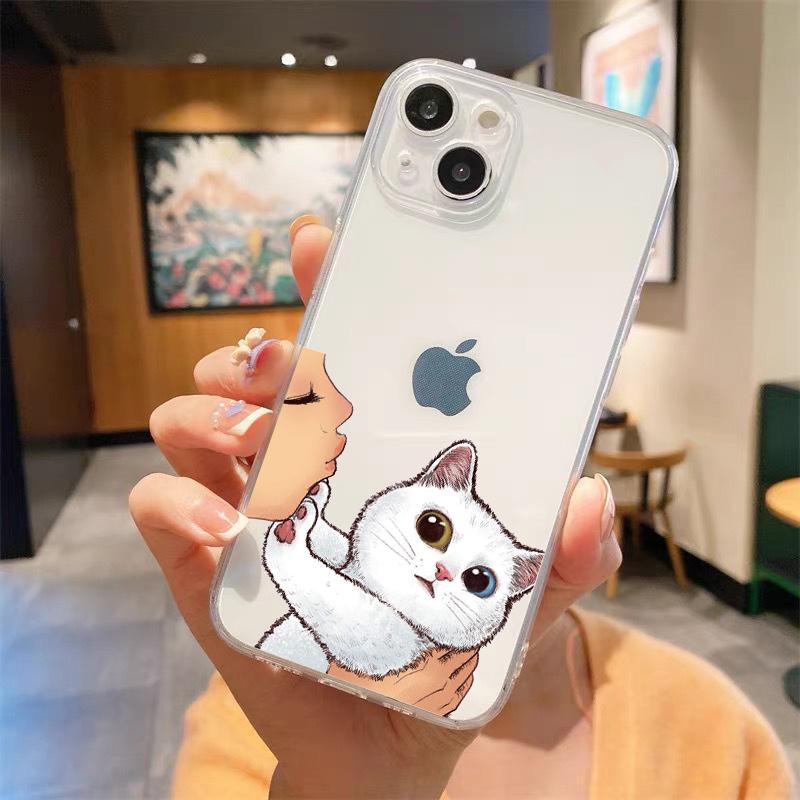 Kiss Cat Cute Kitten Cartoon Luxury Transparent Phone Case For iPhone 15 14 13 12 mini 11 Pro Max XS X XR SE 7 8 Plus Cover