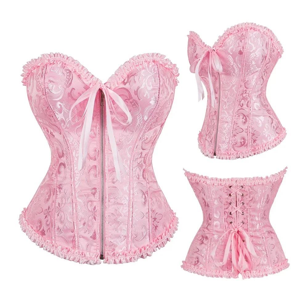 Zipper Jacquard Underbust Corset Lace Up Steel Boned Corset Waist Trainer Y2k Tops Jacquard Fabric Bustier Top Date Night