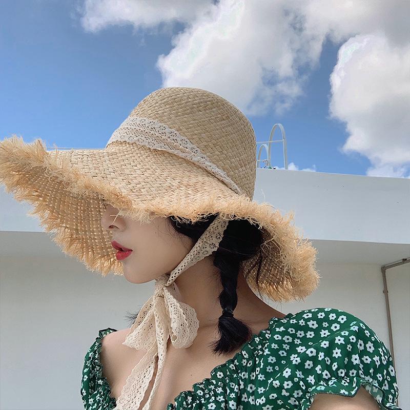 Hat Women's Summer Small Fresh Foldable Woven Straw Hat Beach Big Eaves Sunscreen Sun Hat Versatile Tide Summer