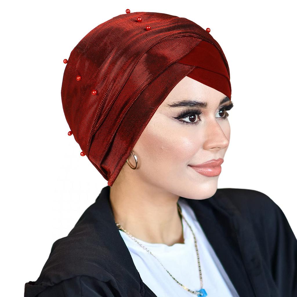 Two-tone Beaded Headscarf Hat with Shiny Sequins and Beaded Turban Hat