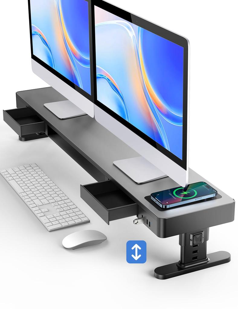 Meatanty Adjustable Monitor Stand Dual Monitor Stand 4 Height Adjustable PC Monitor Stand Drawer Computer Stand Display Stand USB Data Transfer Desk