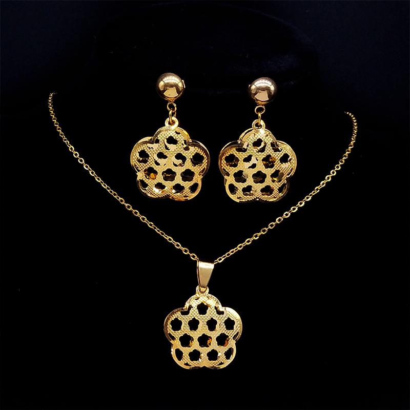 Islam Flower Stainless Steel Jewelry Sets for Women Gold Color Necklace Set Jewelry eensemble de bijoux en acier inoxydable luxe