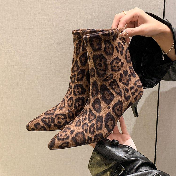 Toe Stiletto Pointed Ankle Boots Fashion Boots Spring Autumn Print Leopard Side Zipper Large Size Mid Heel Ankle Boot Women
