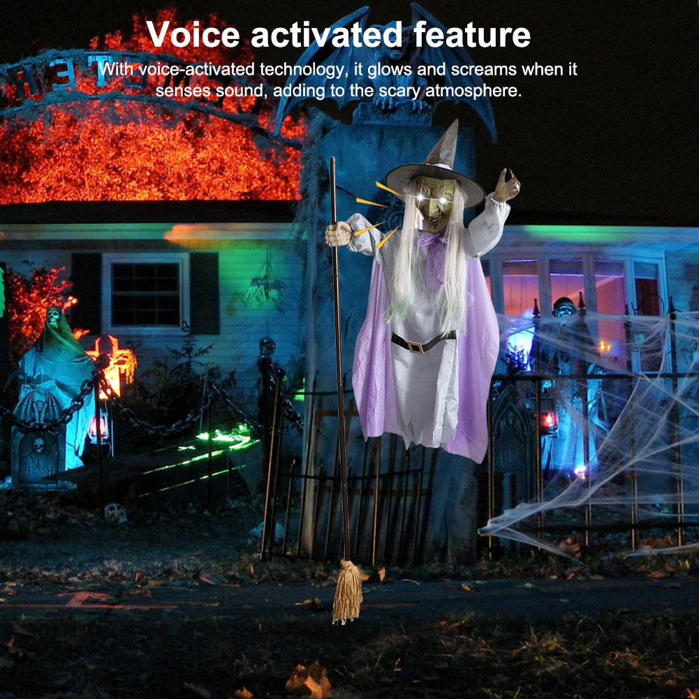 Halloween Props Animated Hovering Witch Animatronics with Terrifying Sounds & Lights Floating Witch for Garden Yard Lawn Indoor