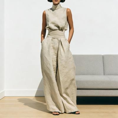 Women's Faux Linen Summer 2 Piece Outfit Sleeveless Stand Collar Top And Wide Leg Pants Matching Lounge Set with Pockets