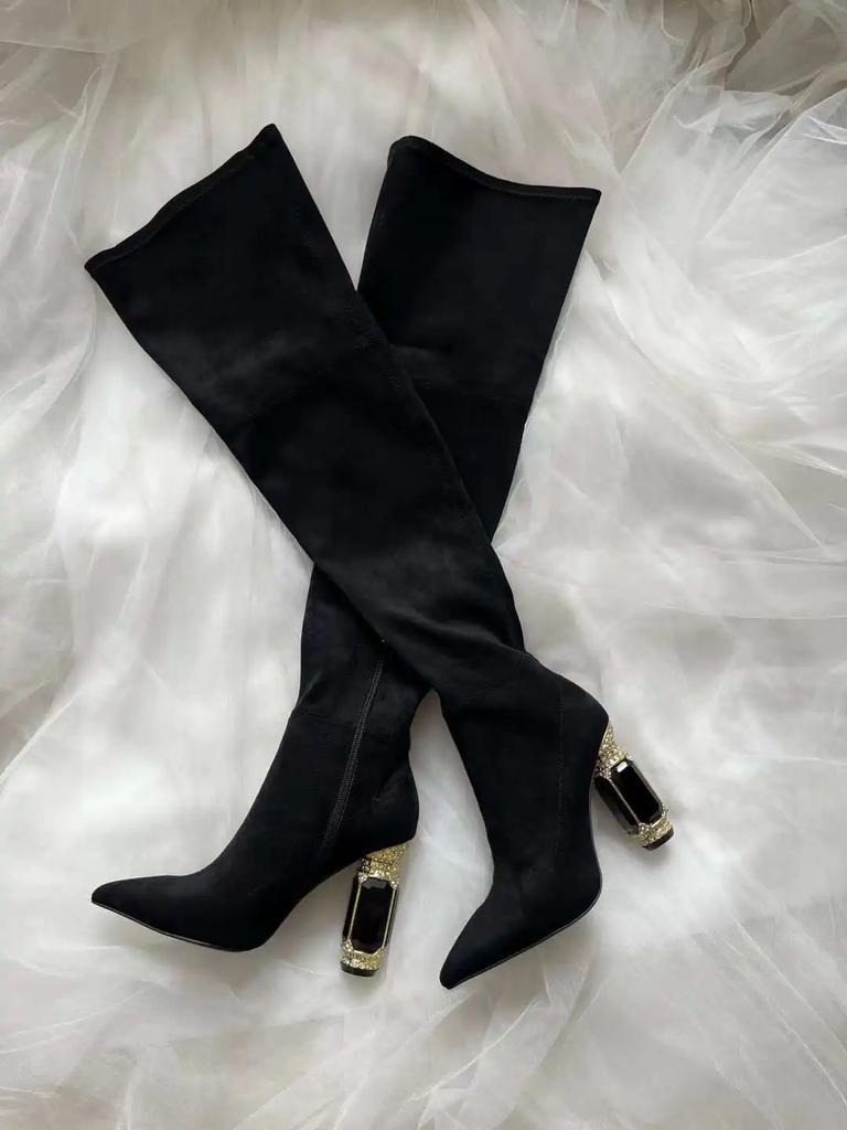 Mode Schwarz/grün Grüner Edelstein Absatz Stiefeletten Wildleder High Heel Stiefel Spitz Zehenbereich Seitenreißverschluss Mode Damenschuhe Kurz-/Langstiefel
