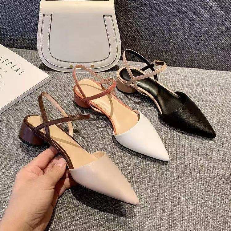 Sandals women's new spring and summer new European and American pointed head bag head word with medium heel thick heel shoes