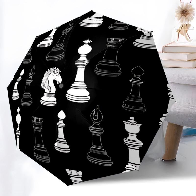 1pc Chess Pieces Automatic Open/close Umbrella, 8-Rib Sturdy Structure, Auto Folding/Opening, Portable Travel Umbrella for Women,178