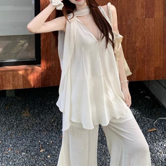 Gentle wind wear suit French v-neck vest top women s 2026 summer drape casual wide-leg pants two-piece set S
