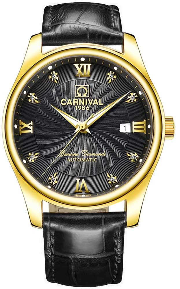 

Carnival 8671G механические часы дата календарь [CARNIVAL] мужские (Черный/Золотой/Черная кожа) [Элемент]