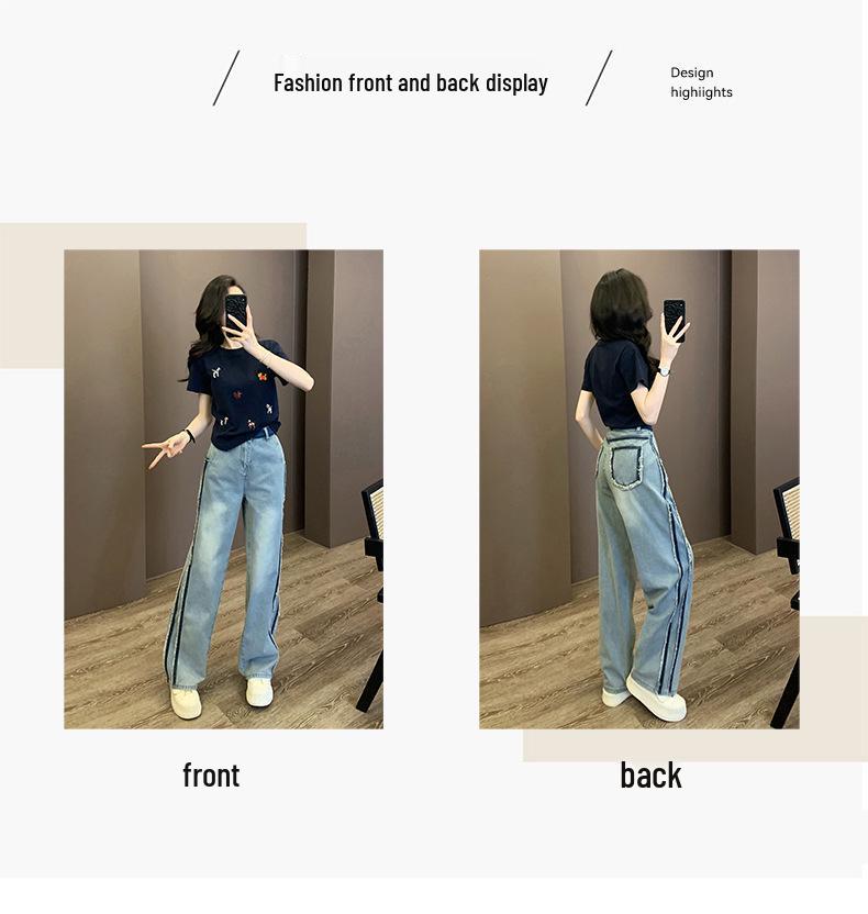 2026 Sommer Damen Trendiges Streetwear Set: Stilvolles Rundhals-Kurzarm-Oberteil & Weitbeinige Jeans