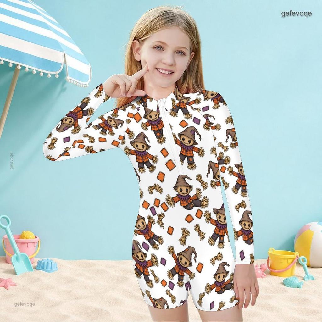 Girls High Neck Long Sleeve Front Zip Cartoon Printed Boyshort One Piece Swimsuit