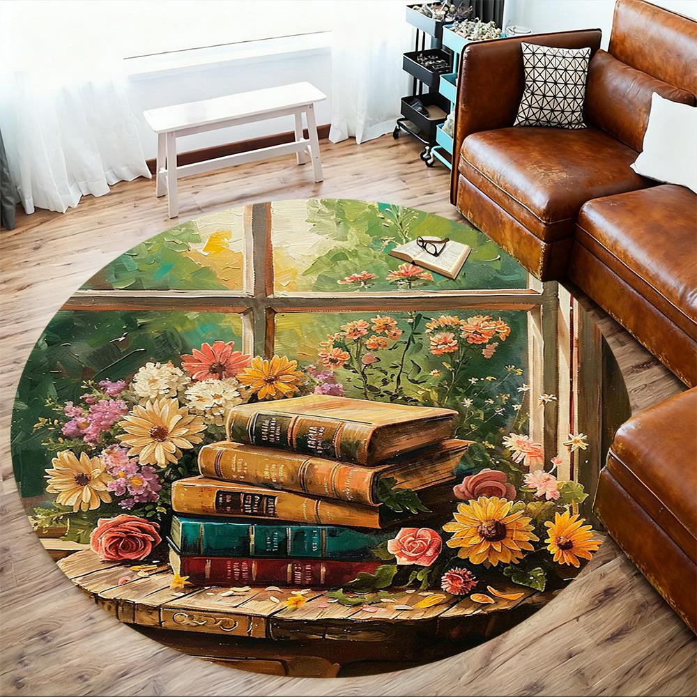 1PC flowers books Office Round Area Rug, Under Office Chairs Bedroom Living Room Home Decor, Carpet for Office -1110042