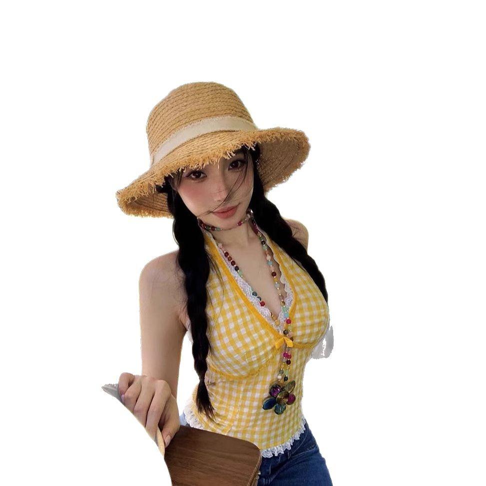 #Summer new niche plaid vest suspender women's splicing lace inside sexy neck spice girl top trendy