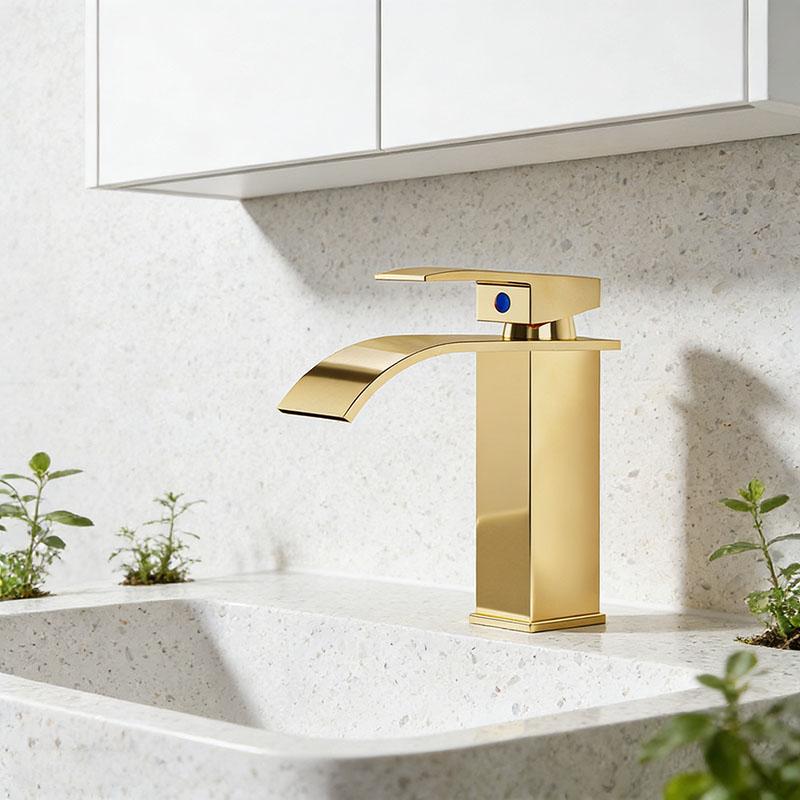 Gold Waterfall Basin Faucet - Vessel Sink Mixer Tap for Bathroom, Hot & Cold Water Home Use