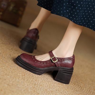 Fashion New Spring/summer Genuine Leather Mary Jane Shoes for Women Fashion Rivet Chunky Heel Round Toe Women Pumps Platform Shoes Women